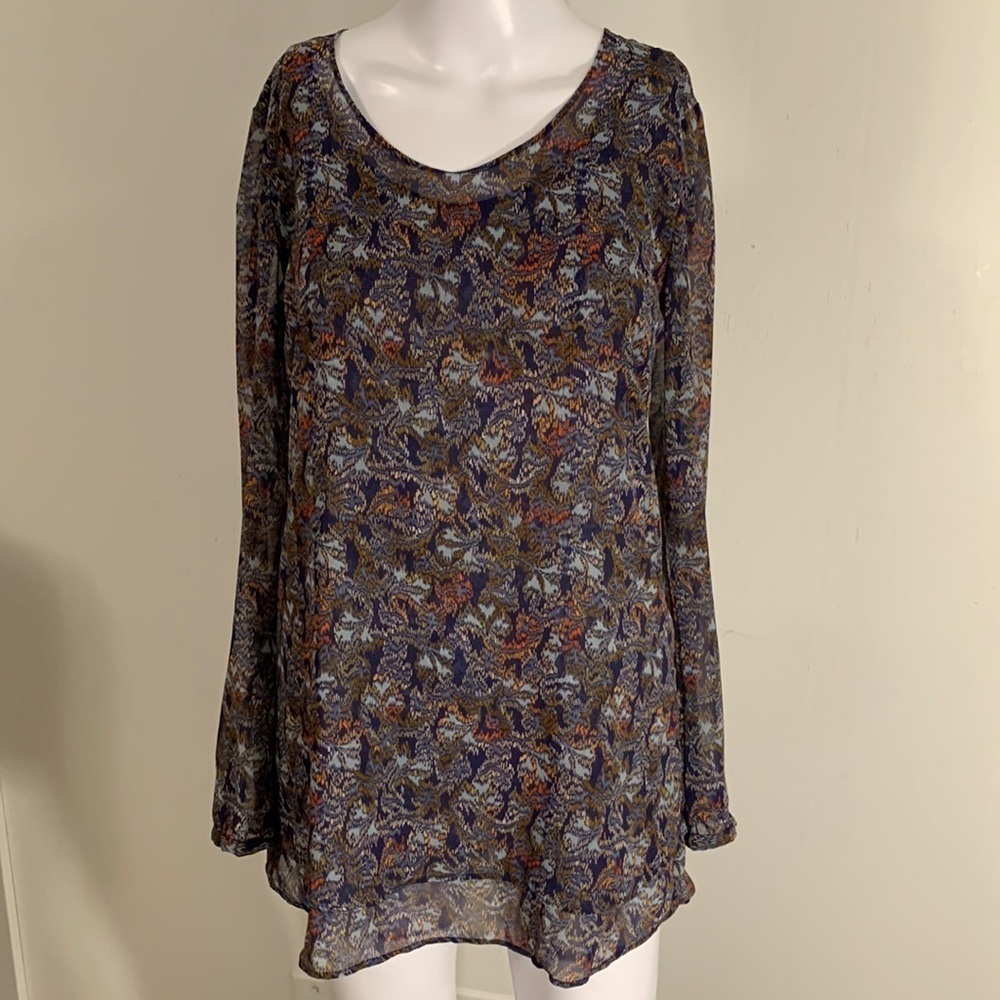 Cabi layered tunic multi colored fabric covered buttons long sheer sleeves XS